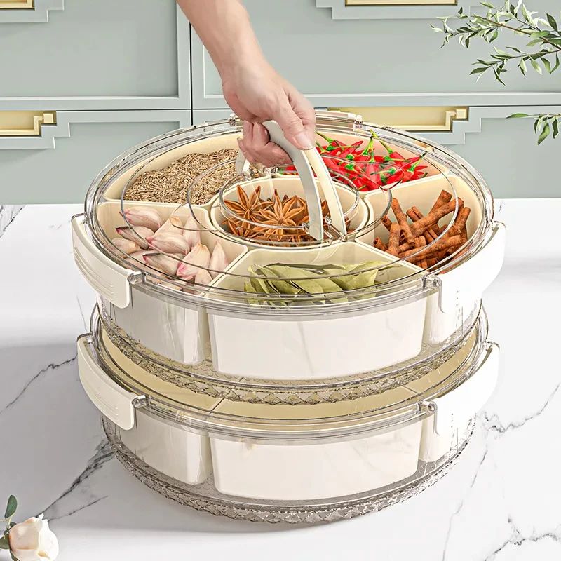 Rotating 5Compartment Snack Storage Tray With Lid Handle MultiSection Food Organizer 0