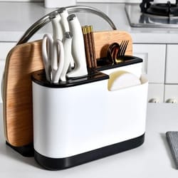 large capacity kitchen utensil holder with drain tray – multi-compartment cutlery & cutting board organizer