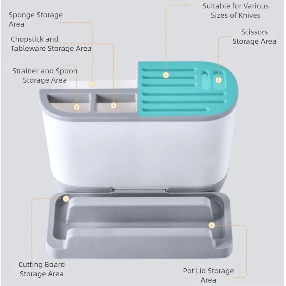 Large Capacity Kitchen Utensil Holder With Drain Tray MultiCompartment Cutlery Cutting Board Orga 3