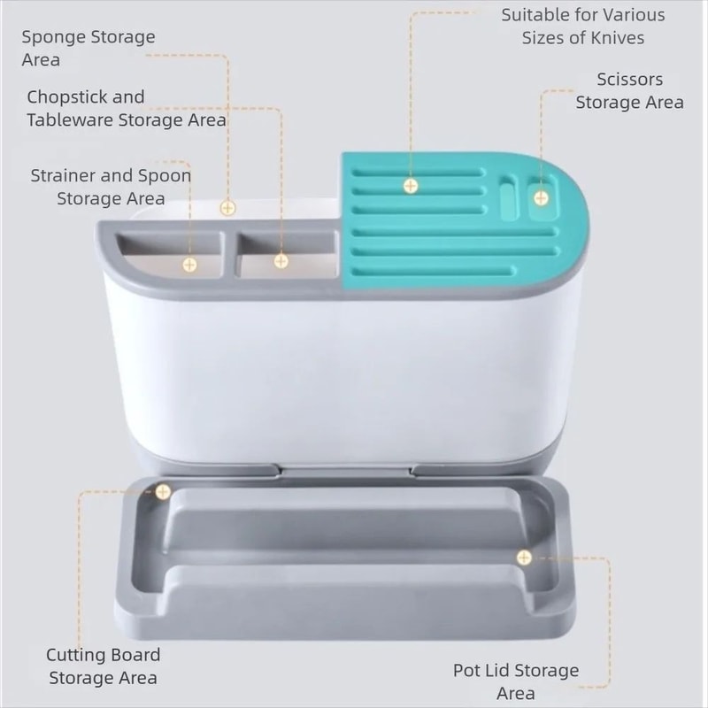 Large Capacity Kitchen Utensil Holder With Drain Tray MultiCompartment Cutlery Cutting Board Orga 3