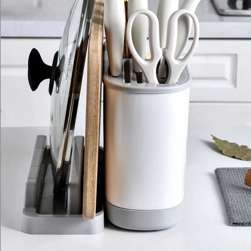 Large Capacity Kitchen Utensil Holder With Drain Tray MultiCompartment Cutlery Cutting Board Orga 1