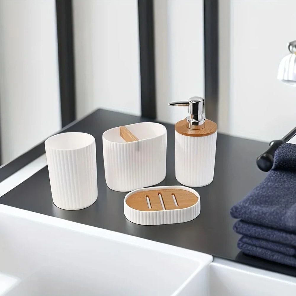 4Piece Bathroom Accessories Set Toothbrush Holder Soap Dispenser Cup Soap Dish Organizer 8