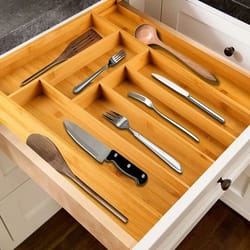 expandable bamboo cutlery drawer organizer – adjustable wooden kitchen utensil tray divider