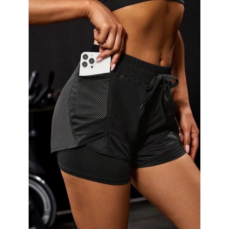 Womens 2in1 Elastic Sports Shorts With Pockets High Waist Yoga Running Training Shorts 0