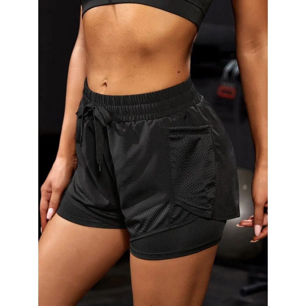 Womens 2in1 Elastic Sports Shorts With Pockets High Waist Yoga Running Training Shorts 2