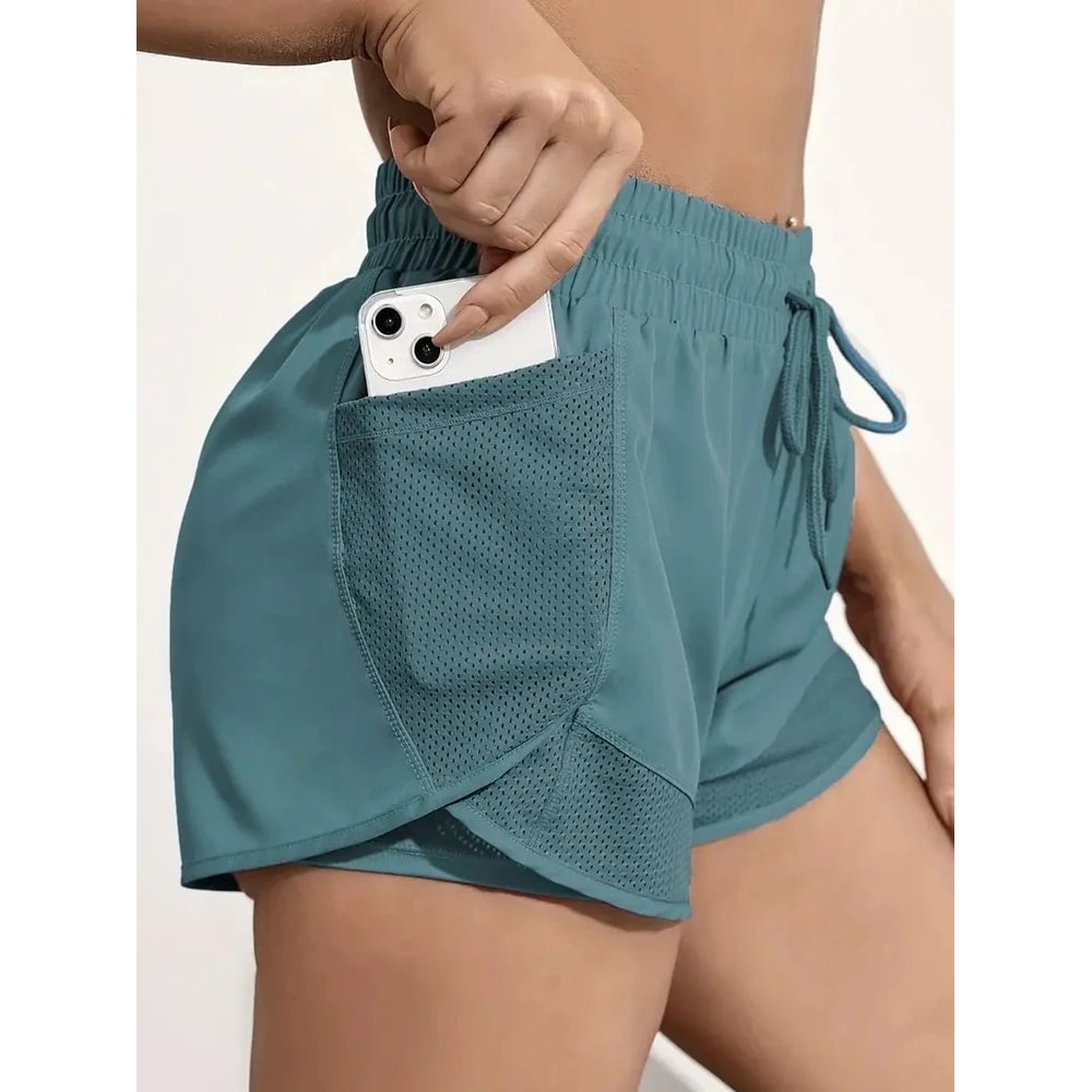 Womens 2in1 Elastic Sports Shorts With Pockets High Waist Yoga Running Training Shorts 7
