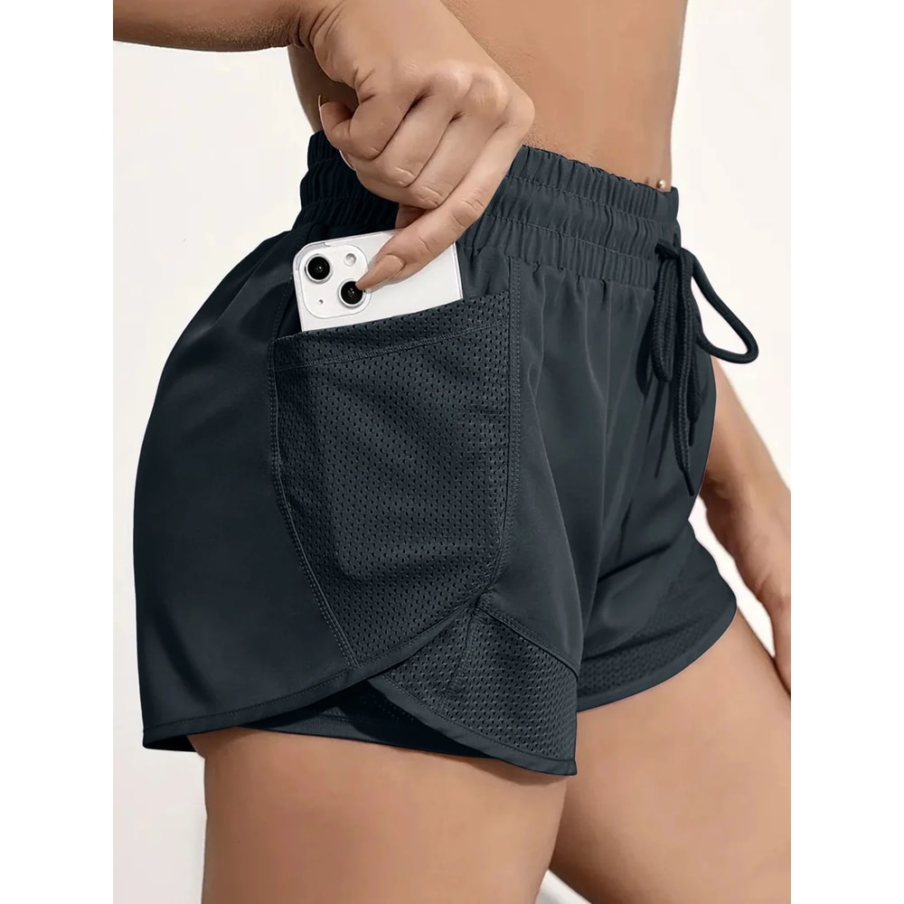 Womens 2in1 Elastic Sports Shorts With Pockets High Waist Yoga Running Training Shorts 9