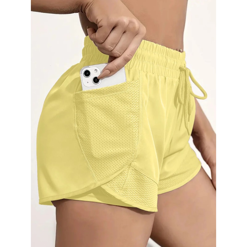 Womens 2in1 Elastic Sports Shorts With Pockets High Waist Yoga Running Training Shorts 13