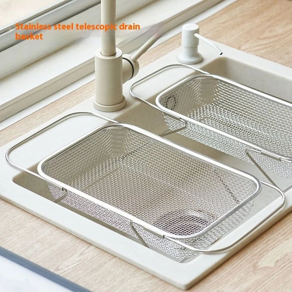 FlexiDrain Stainless Steel Expandable Sink Basket Retractable Vegetable Washer Dish Drying Rack 0