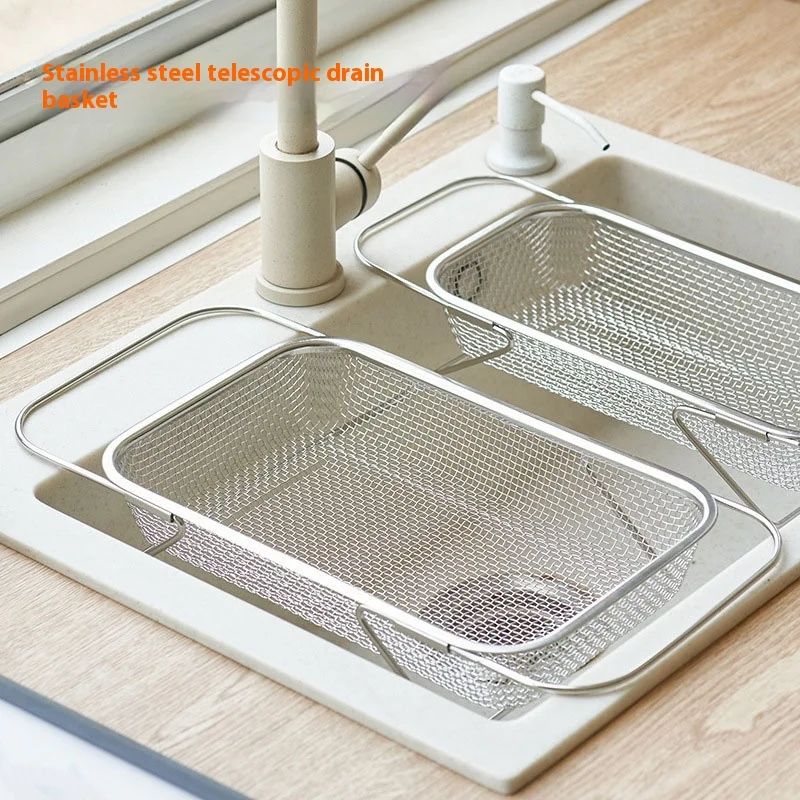 FlexiDrain Stainless Steel Expandable Sink Basket Retractable Vegetable Washer Dish Drying Rack 0