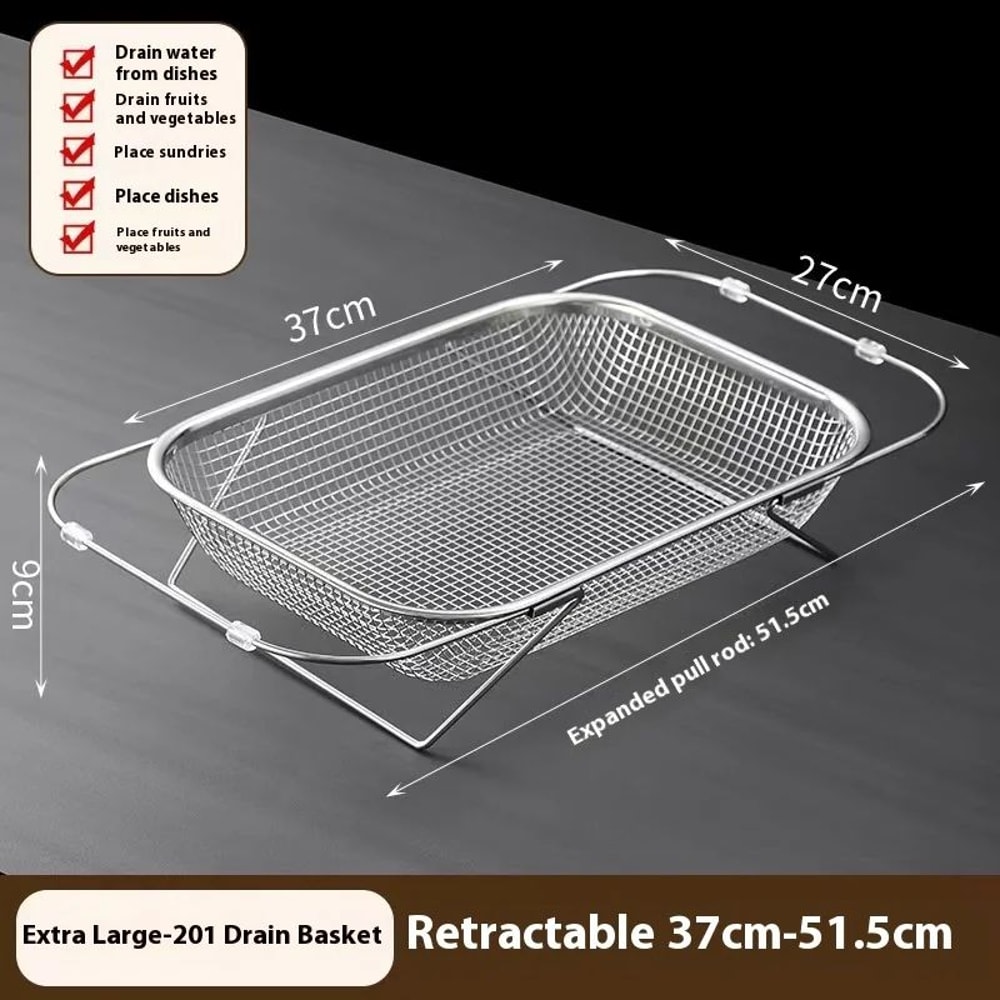 FlexiDrain Stainless Steel Expandable Sink Basket Retractable Vegetable Washer Dish Drying Rack 8