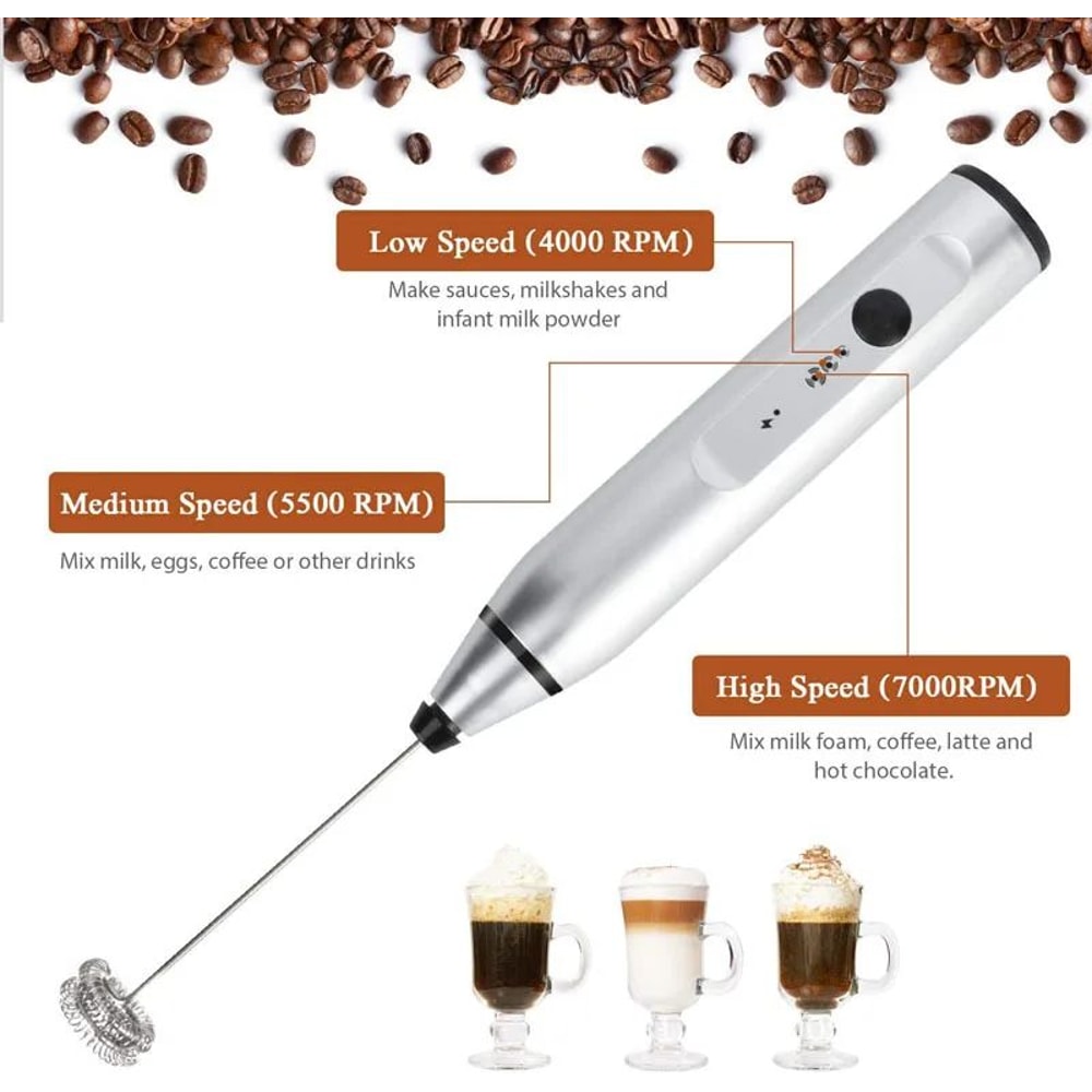 FrothPro USB Electric Milk Frother 3Speed Handheld Coffee Whisk Mixer For Latte Cappuccino Kitche 1