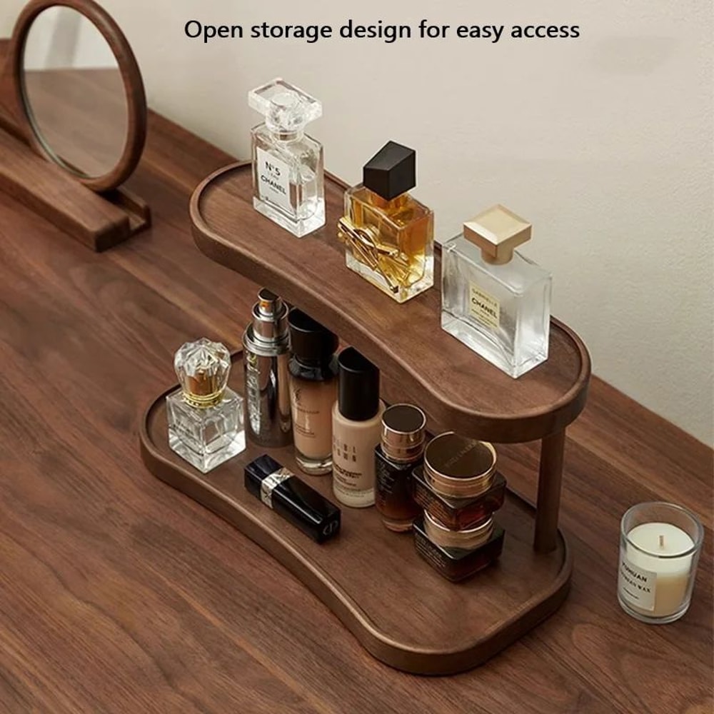 2Tier Bamboo Makeup Mug Organizer Shelf Wooden Countertop Storage Rack For Vanity Kitchen Coffee 1