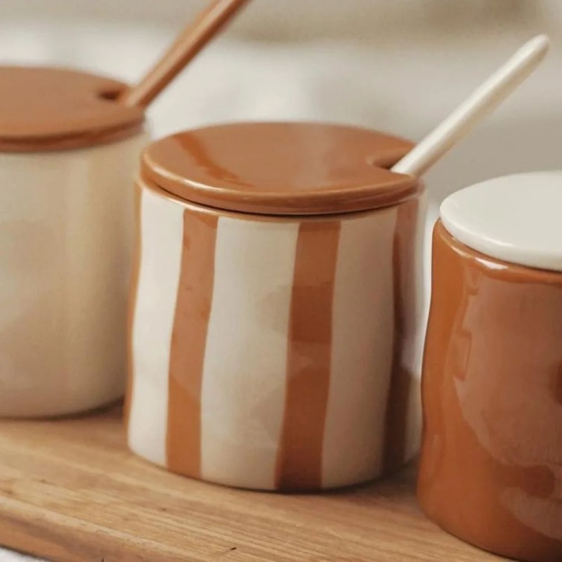 Vintage Ceramic Stripe Seasoning Jar With Spoon Elegant Spice Storage Container For Kitchen Table 5