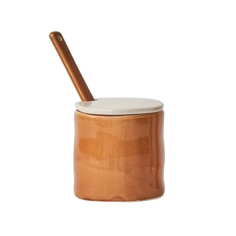 Vintage Ceramic Stripe Seasoning Jar With Spoon Elegant Spice Storage Container For Kitchen Table 6