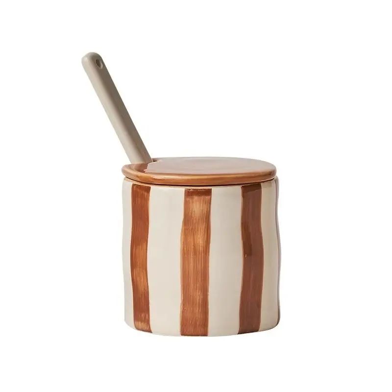 Vintage Ceramic Stripe Seasoning Jar With Spoon Elegant Spice Storage Container For Kitchen Table 7