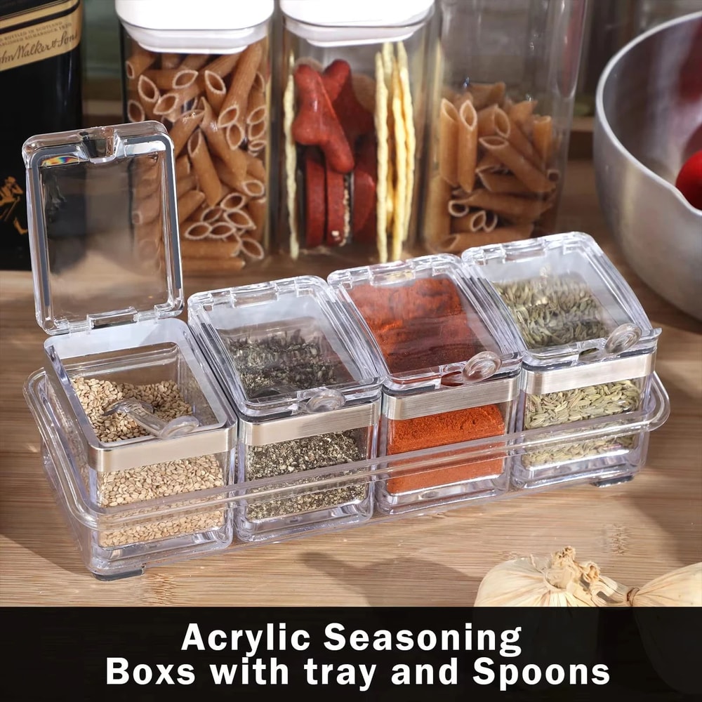 Acrylic Seasoning Box Set With 4 Spoons Clear Airtight Spice Jar Organizer For Kitchen Storage 0