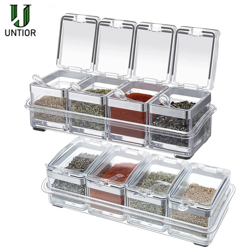 Acrylic Seasoning Box Set With 4 Spoons Clear Airtight Spice Jar Organizer For Kitchen Storage 4