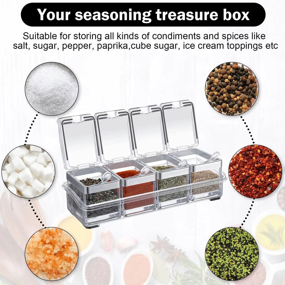 Acrylic Seasoning Box Set With 4 Spoons Clear Airtight Spice Jar Organizer For Kitchen Storage 5