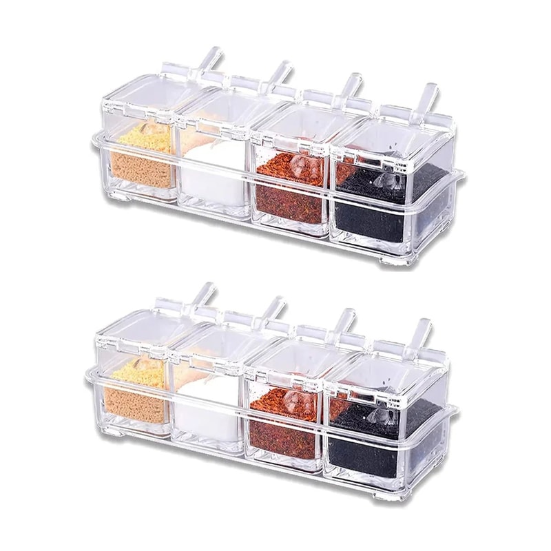 Acrylic Seasoning Box Set With 4 Spoons Clear Airtight Spice Jar Organizer For Kitchen Storage 7