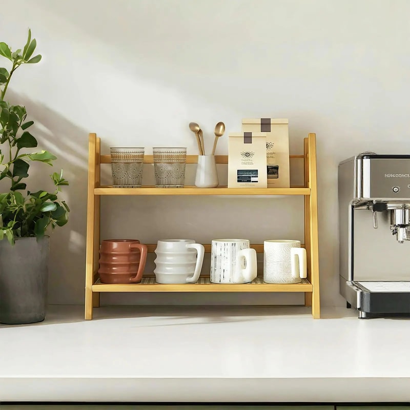 2Tier WickerStyle Coffee Station Organizer Bamboo Mug Holder Counter Shelf For Kitchen Tea Bar 2