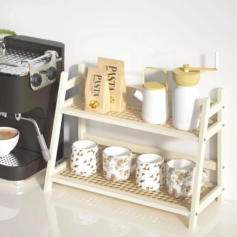 2Tier WickerStyle Coffee Station Organizer Bamboo Mug Holder Counter Shelf For Kitchen Tea Bar 8
