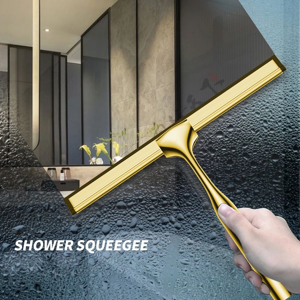 10in Stainless Steel Shower Squeegee Glass Window Cleaner With Silicone Blade Hook Set 0