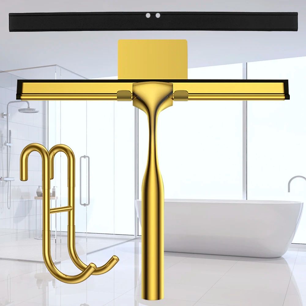 10in Stainless Steel Shower Squeegee Glass Window Cleaner With Silicone Blade Hook Set 3