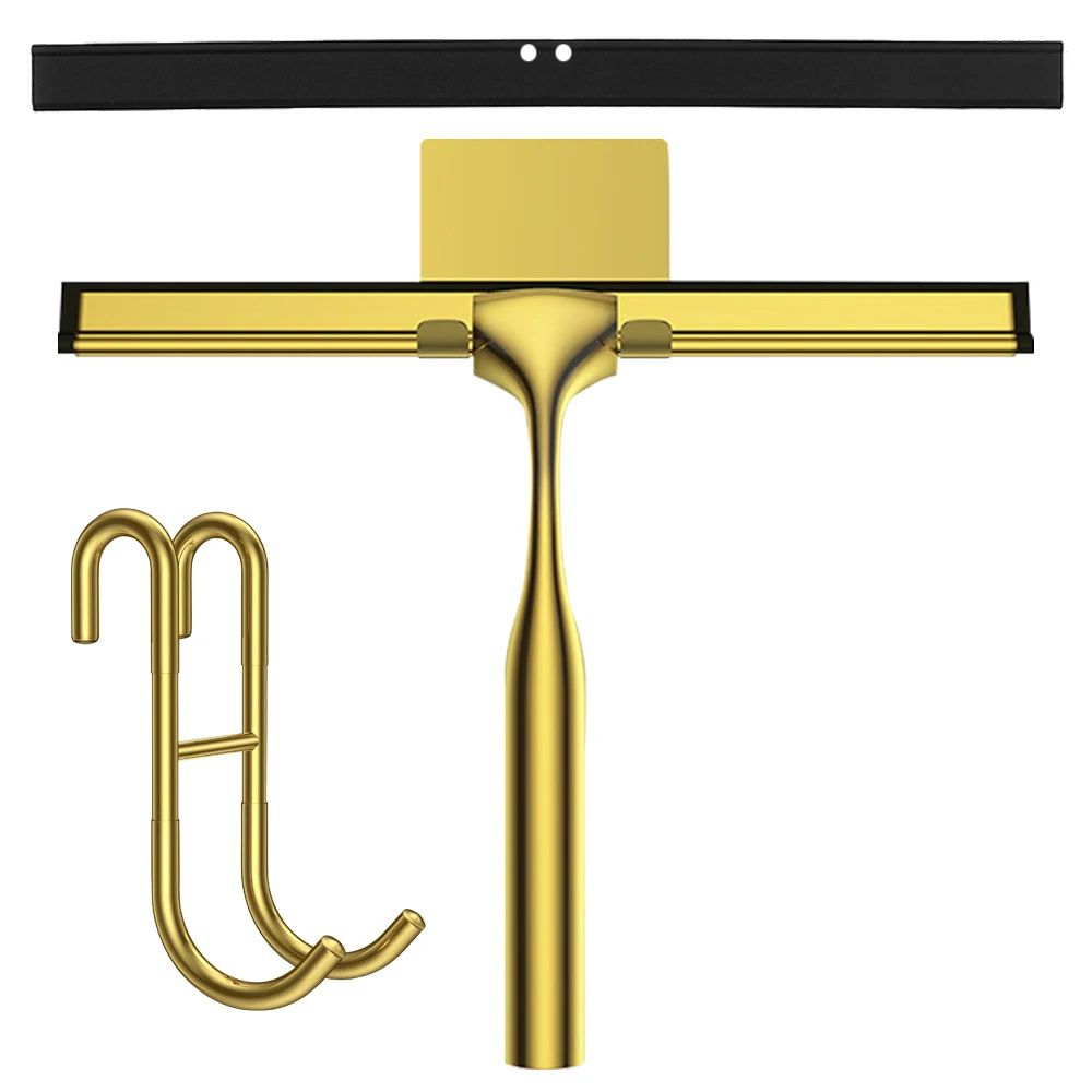 10in Stainless Steel Shower Squeegee Glass Window Cleaner With Silicone Blade Hook Set 7