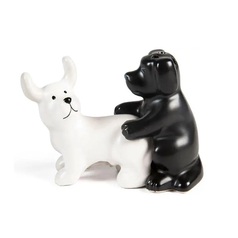 PupSpice Ceramic Dog Salt Pepper Shaker Set Black White Novelty Kitchen Spice Jars 1