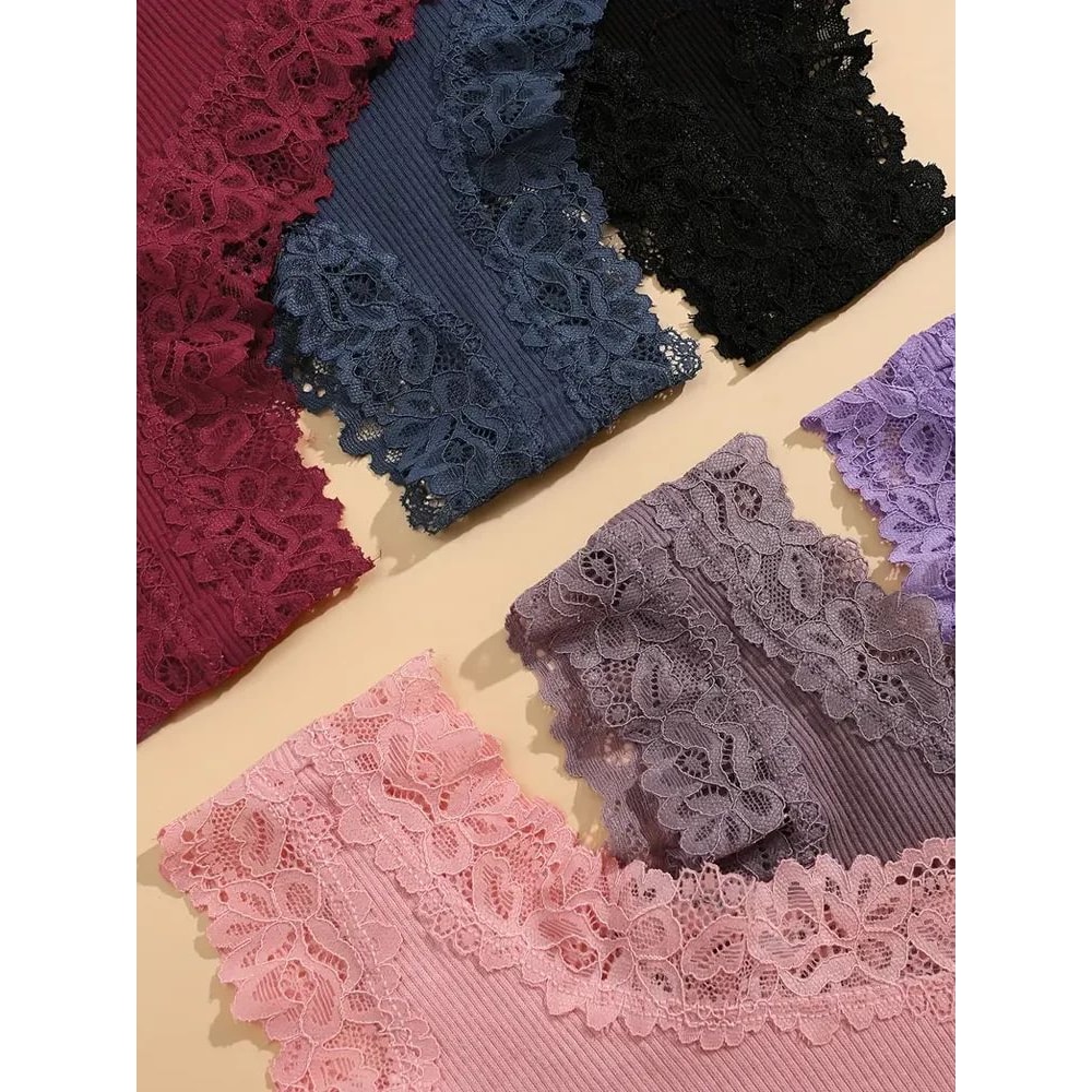 5pcs LaceBloom Cotton Panties Set Soft Floral Lace Patchwork Womens Briefs 2