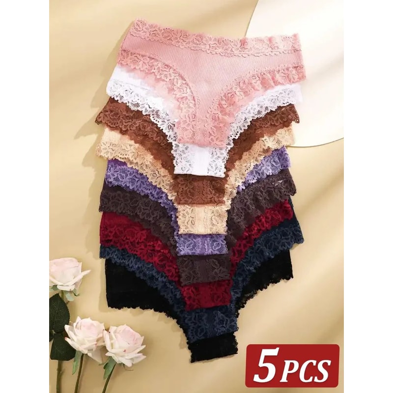 5pcs LaceBloom Cotton Panties Set Soft Floral Lace Patchwork Womens Briefs 0