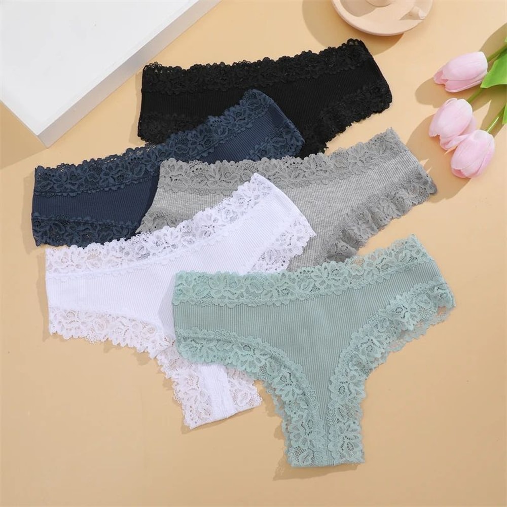 5pcs LaceBloom Cotton Panties Set Soft Floral Lace Patchwork Womens Briefs 13