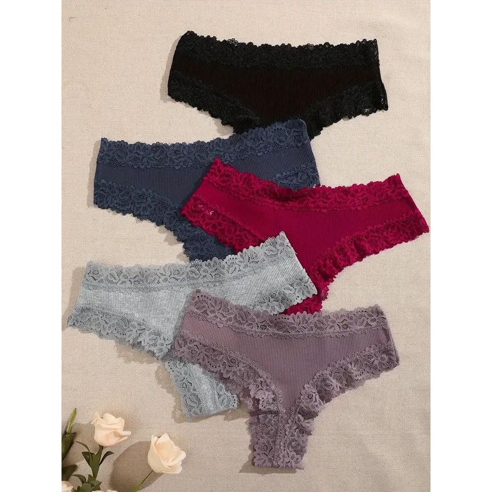 5pcs LaceBloom Cotton Panties Set Soft Floral Lace Patchwork Womens Briefs 6