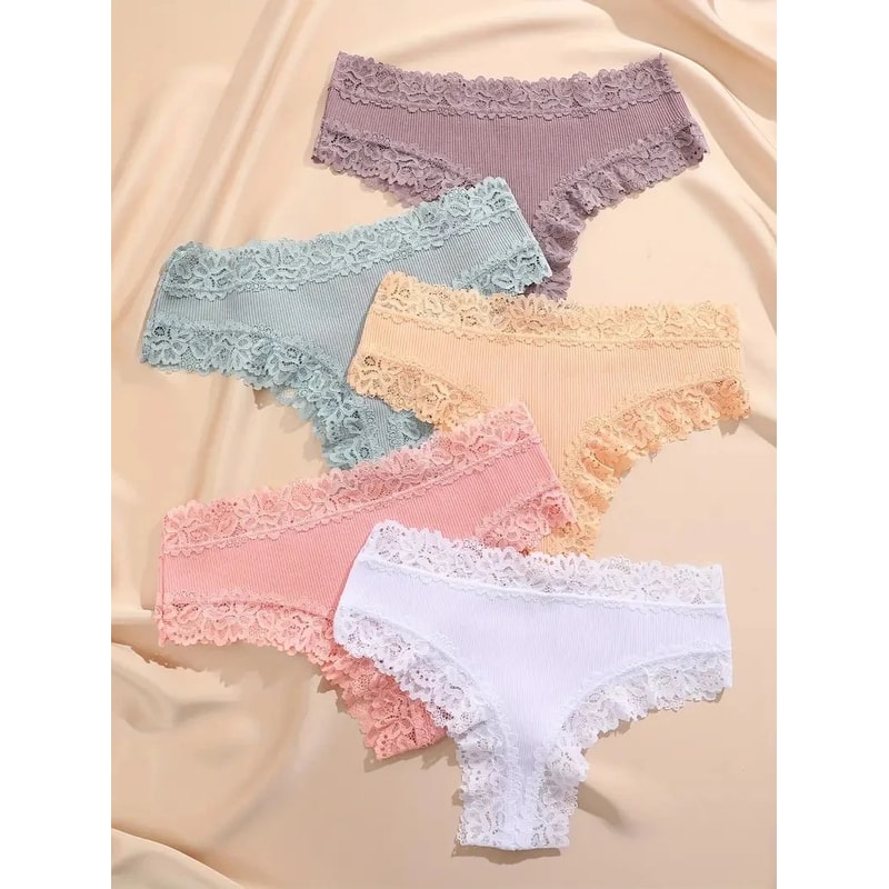 5pcs LaceBloom Cotton Panties Set Soft Floral Lace Patchwork Womens Briefs 11