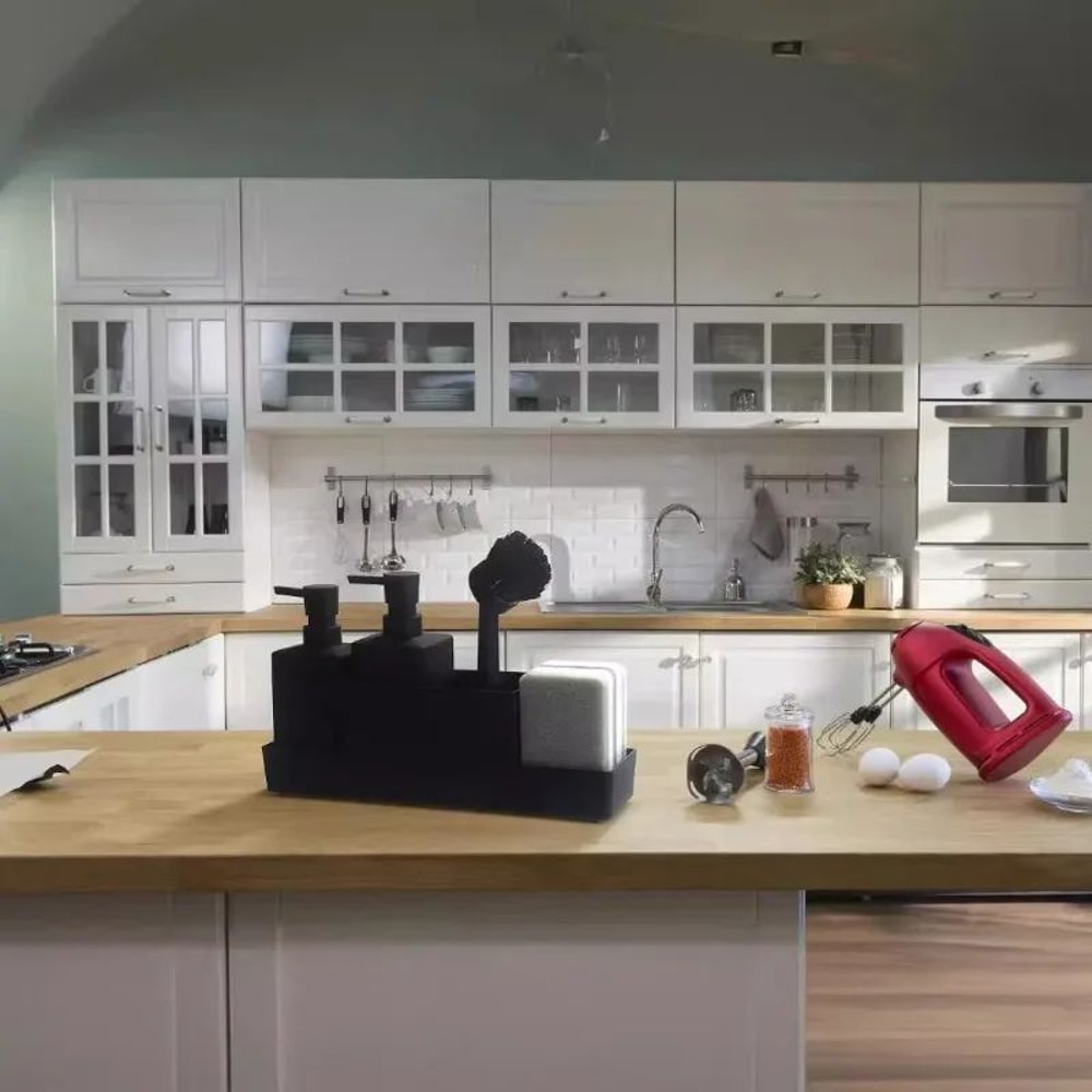 CleanFlow Kitchen Soap Dispenser With Sponge Holder Sink Caddy Organizer Set Matte Black 1