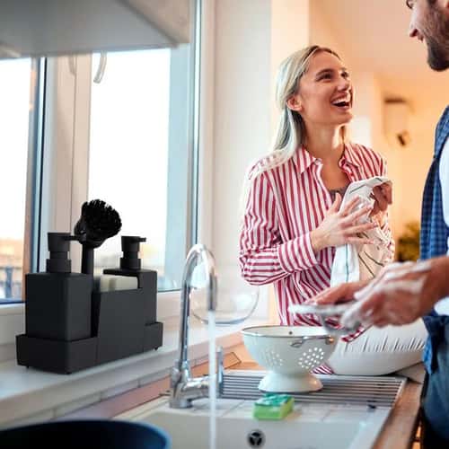 CleanFlow Kitchen Soap Dispenser with Sponge Holder – Sink Caddy Organizer Set Matte Black