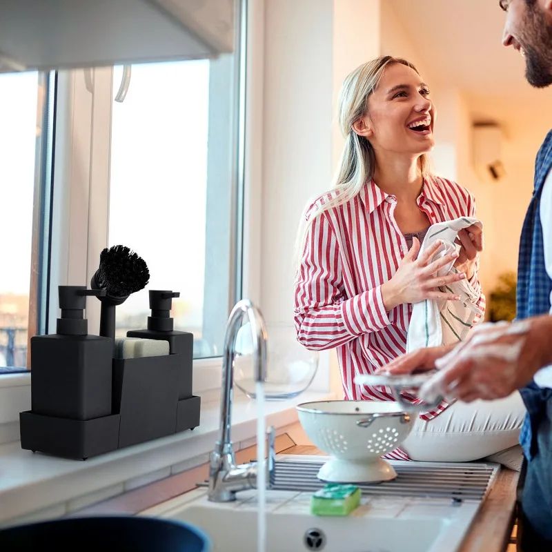 CleanFlow Kitchen Soap Dispenser With Sponge Holder Sink Caddy Organizer Set Matte Black 0