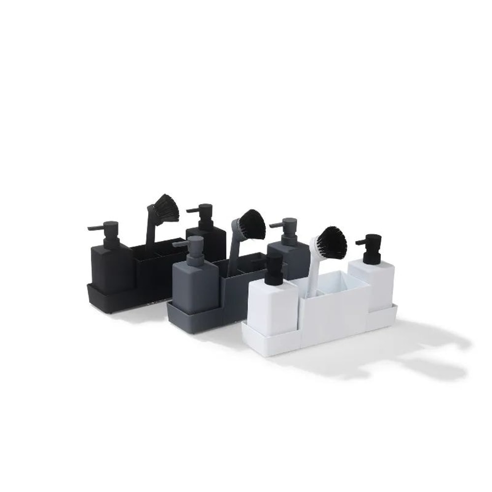 CleanFlow Kitchen Soap Dispenser With Sponge Holder Sink Caddy Organizer Set Matte Black 3