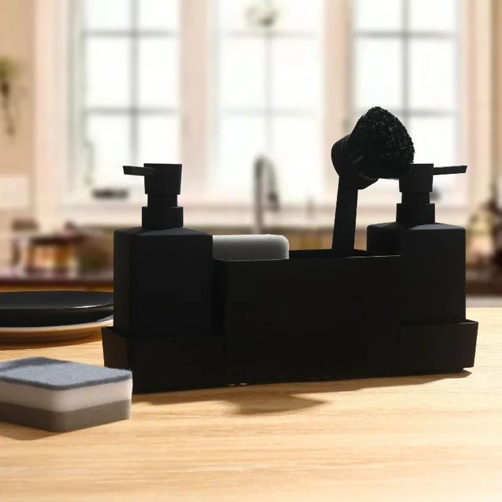 CleanFlow Kitchen Soap Dispenser With Sponge Holder Sink Caddy Organizer Set Matte Black 2