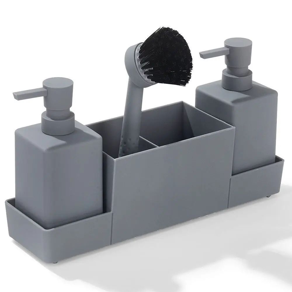 CleanFlow Kitchen Soap Dispenser With Sponge Holder Sink Caddy Organizer Set Matte Black 5