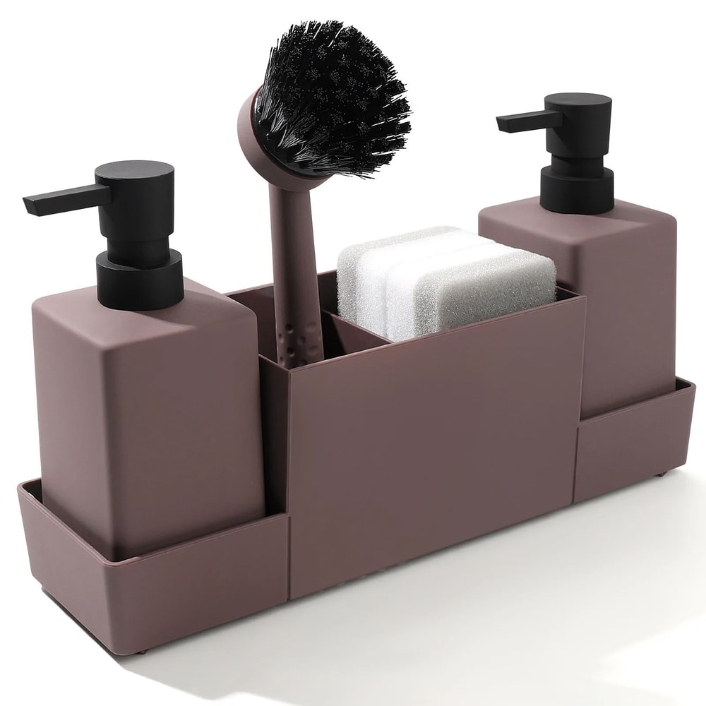 CleanFlow Kitchen Soap Dispenser With Sponge Holder Sink Caddy Organizer Set Matte Black 6
