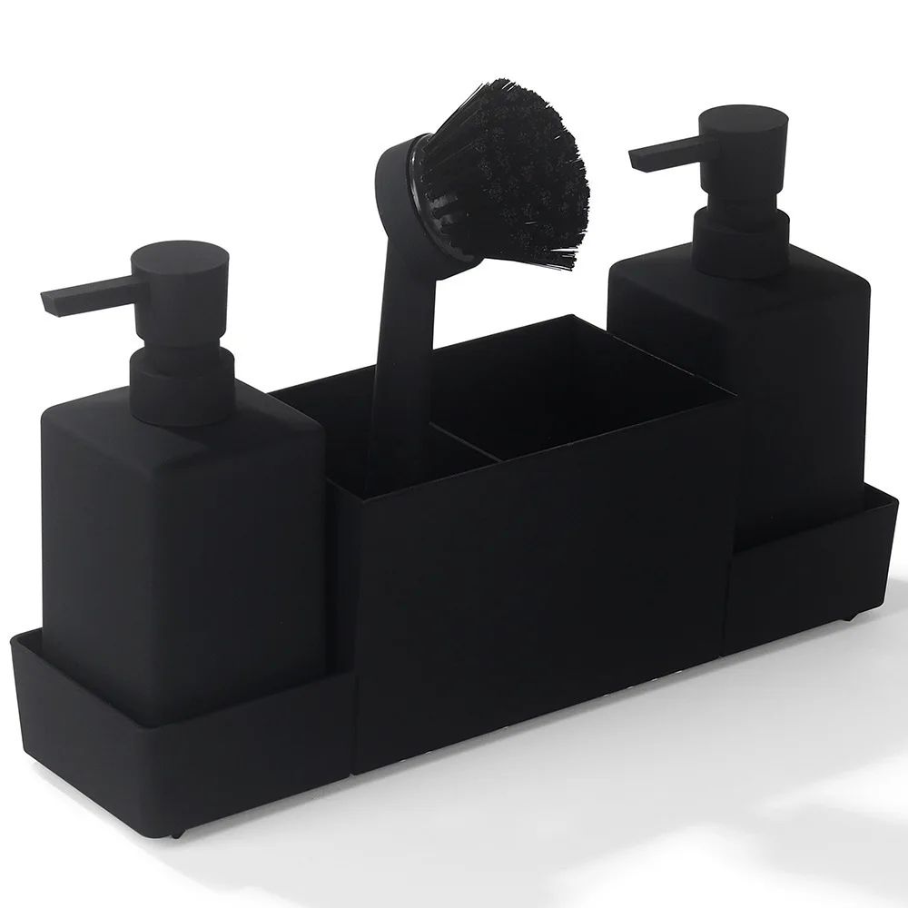 CleanFlow Kitchen Soap Dispenser With Sponge Holder Sink Caddy Organizer Set Matte Black 9