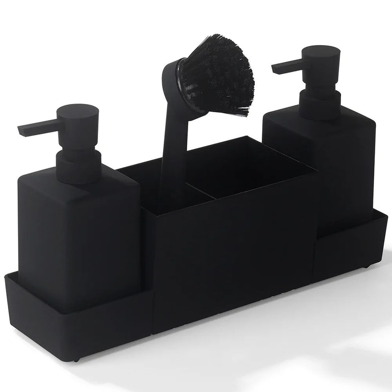 CleanFlow Kitchen Soap Dispenser With Sponge Holder Sink Caddy Organizer Set Matte Black 9