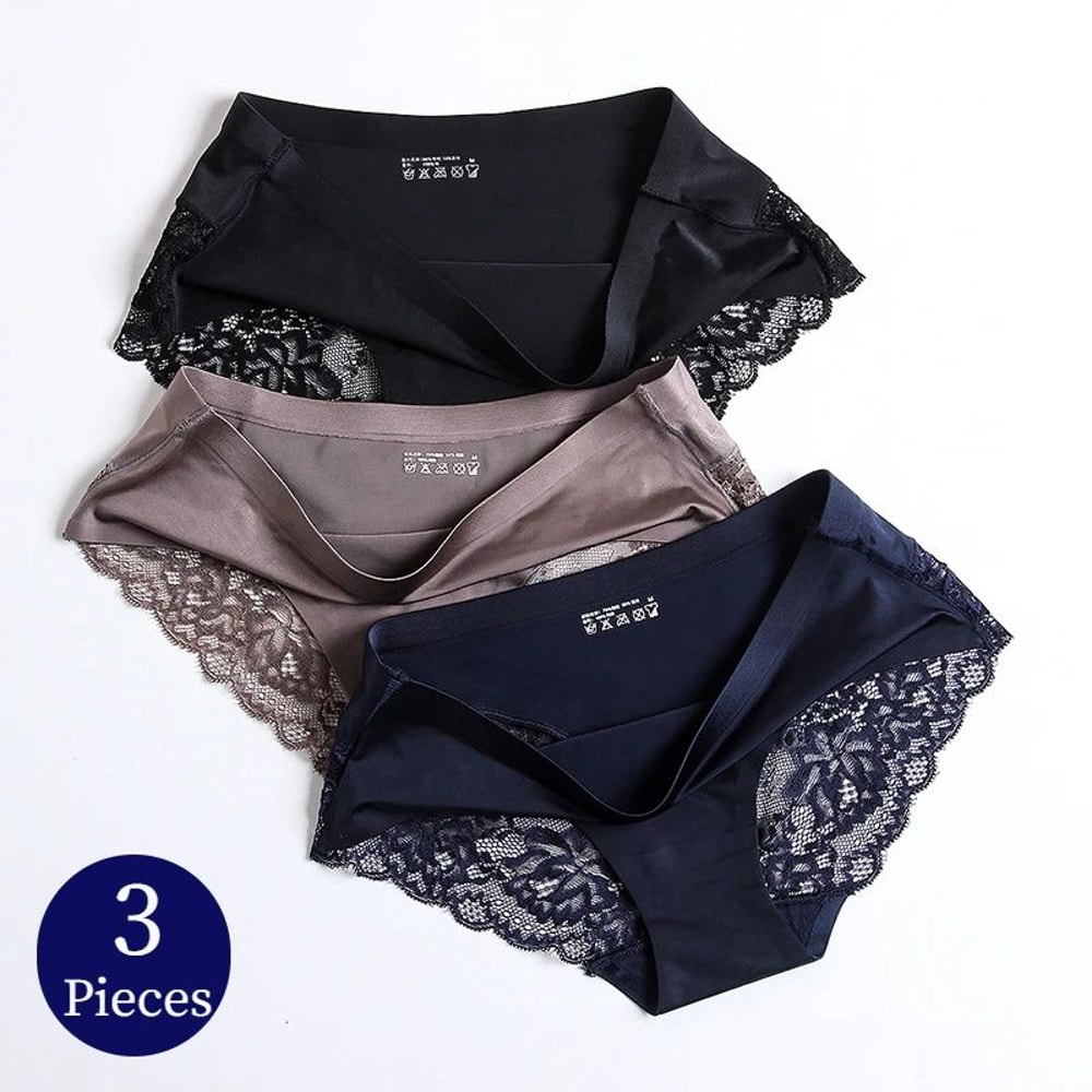 TrowBridge Womens Lace Satin Panty Set Sexy Soft Silk Briefs Comfortable Underwear 3pcs 0