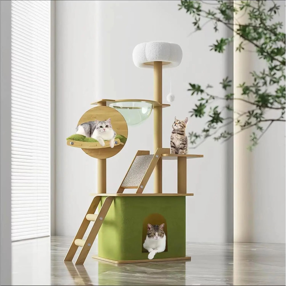 GreenLuxe 59in Modern Cat Tree Tower MultiLevel Condo With Space Capsule Hammock Scratching Posts 4