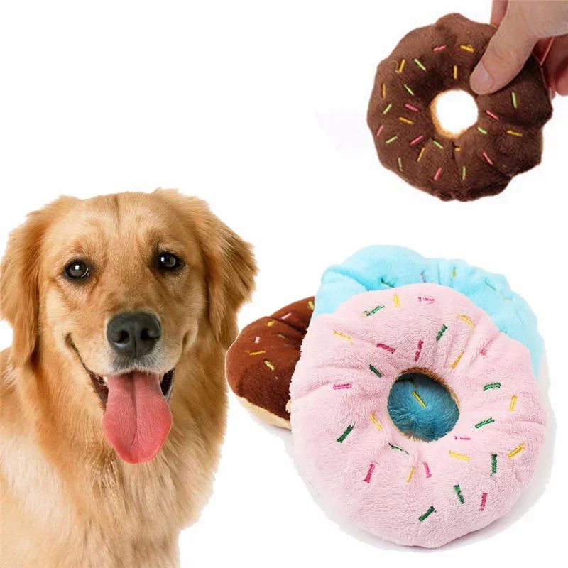 SnuggleBite Donut Plush Dog Toy Soft Squeaky Chew Toy For Small Medium Dogs 0