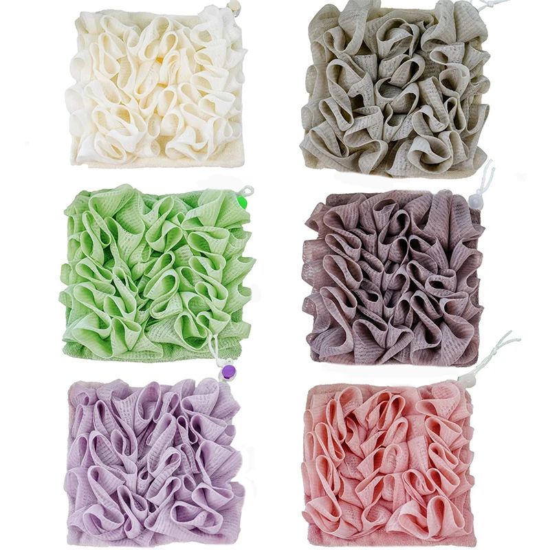 LuxeFoam 2in1 Bath Loofah Sponge Soft Exfoliating Mesh Shower Puff With Soap Drawstring 2