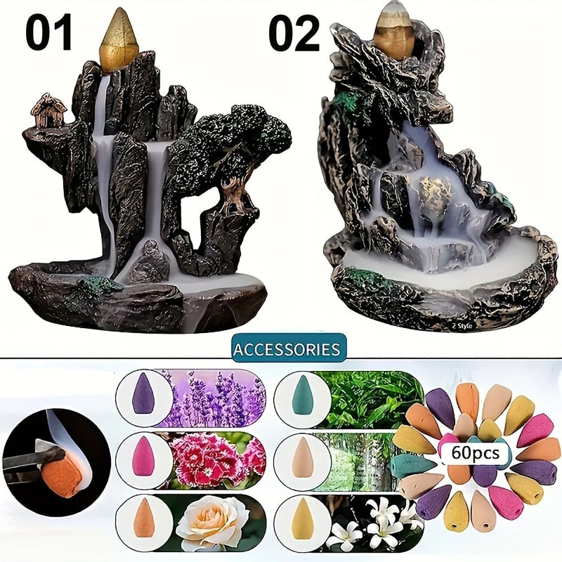 Mountain Waterfall Backflow Incense Burner Set Resin Aromatherapy Fountain With 60 Cones 1