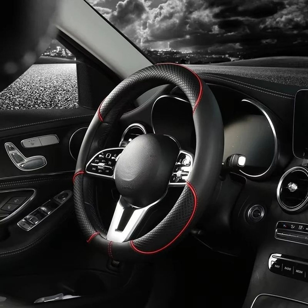 Leather Steering Wheel Cover Diamond Pattern AntiSlip Universal 14515 In Car Wheel Protector 1
